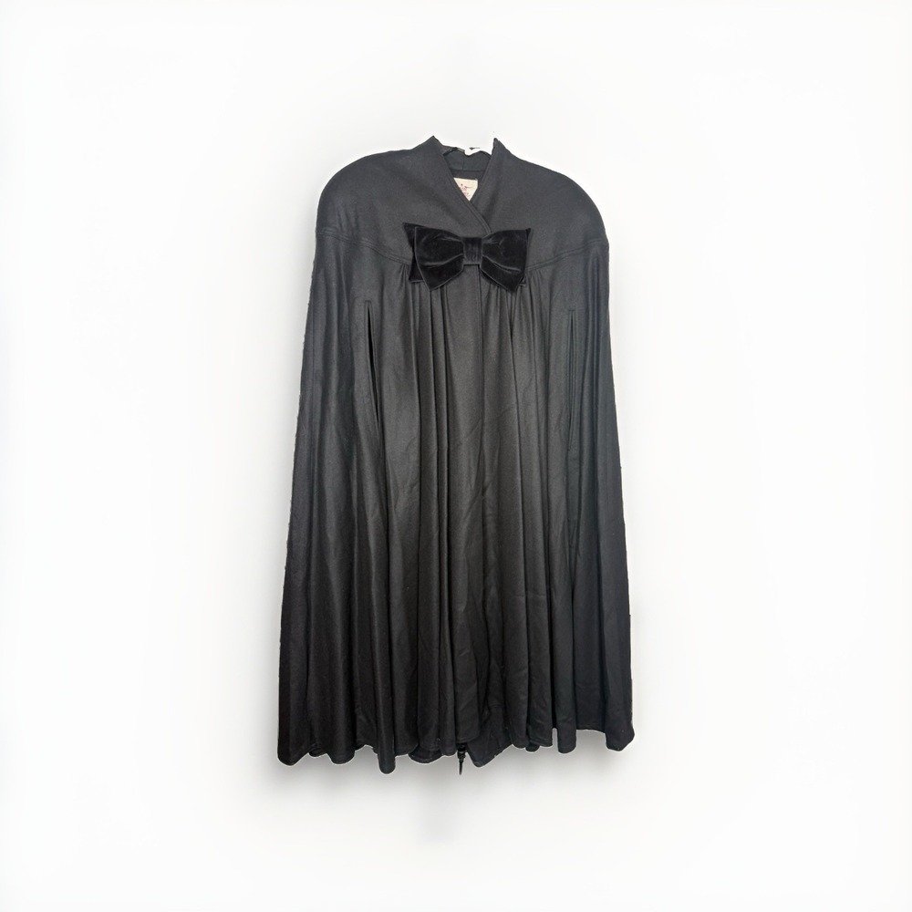 Vintage 1980's black wool big bow C'est Simone cape coat SZ O/S Cos Play